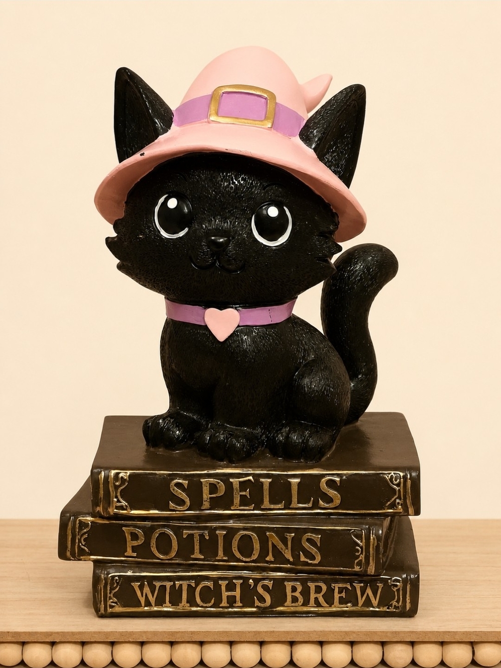 Halloween Black Cat Witch Figurine on Spell Books Pink Hat Spooky Cute Decor